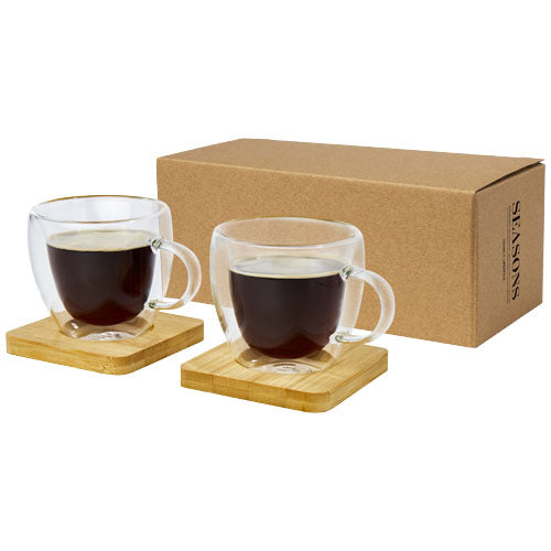Manti 2-piece 100 ml double-wall glass cup with bamboo coaster  - 113314