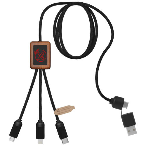 SCX.design C38 5-in-1 rPET light-up logo charging cable with squared wooden casing - 2PX072