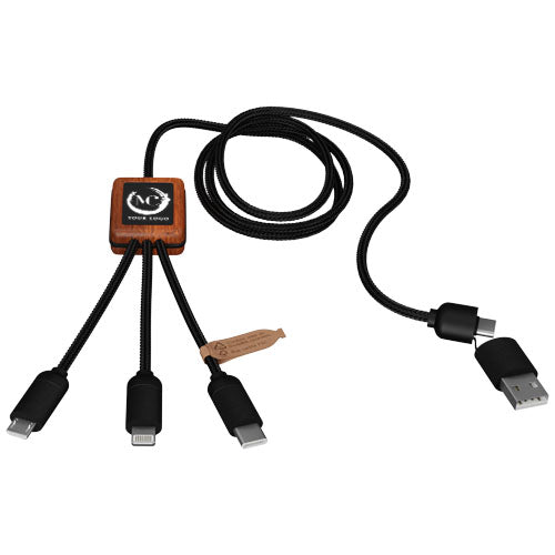 SCX.design C38 5-in-1 rPET light-up logo charging cable with squared wooden casing - 2PX072