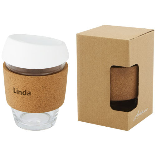 Lidan 360 ml borosilicate glass tumbler with cork grip and silicone lid - 100665