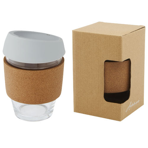 Lidan 360 ml borosilicate glass tumbler with cork grip and silicone lid - 100665