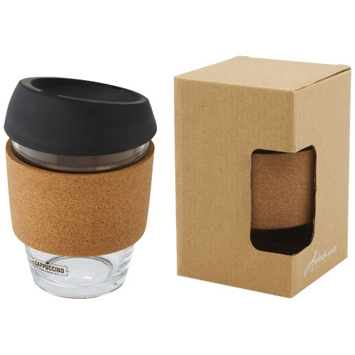 Lidan 360 ml borosilicate glass tumbler with cork grip and silicone lid - 100665