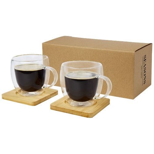 Manti 2-piece 250 ml double-wall glass cup with bamboo coaster  - 113315
