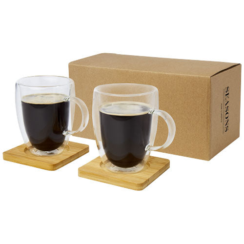 Manti 2-piece 350 ml double-wall glass cup with bamboo coaster  - 113316