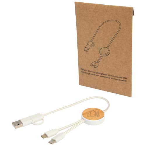 Chechia 5-in-1 recycled plastic 30 cm data sync and 27W fast charge cable with bamboo details - 124421