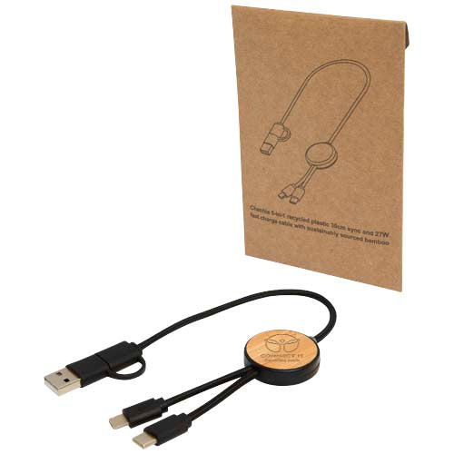 Chechia 5-in-1 recycled plastic 30 cm data sync and 27W fast charge cable with bamboo details - 124421