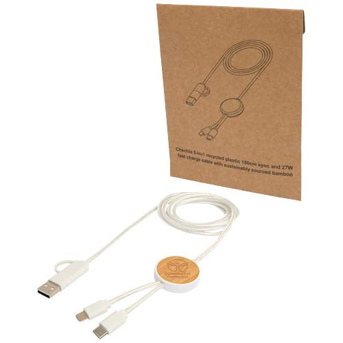 Chechia 5-in-1 recycled plastic 150 cm data sync and 27W fast charge cable with bamboo details - 124422