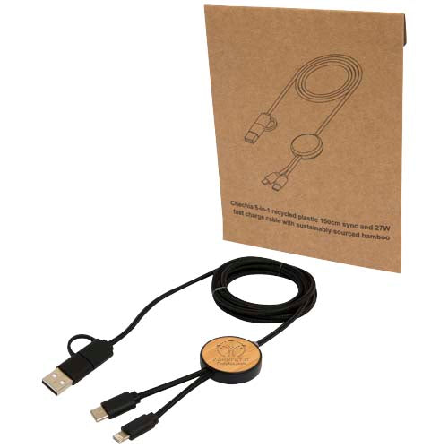 Chechia 5-in-1 recycled plastic 150 cm data sync and 27W fast charge cable with bamboo details - 124422