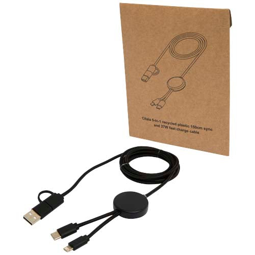 Citala 5-in-1 recycled plastic 150 cm data sync and 27W fast charge cable - 124428