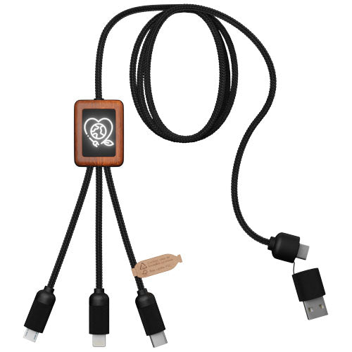 SCX.design C38 5-in-1 rPET light-up logo charging cable with squared wooden casing - 2PX072